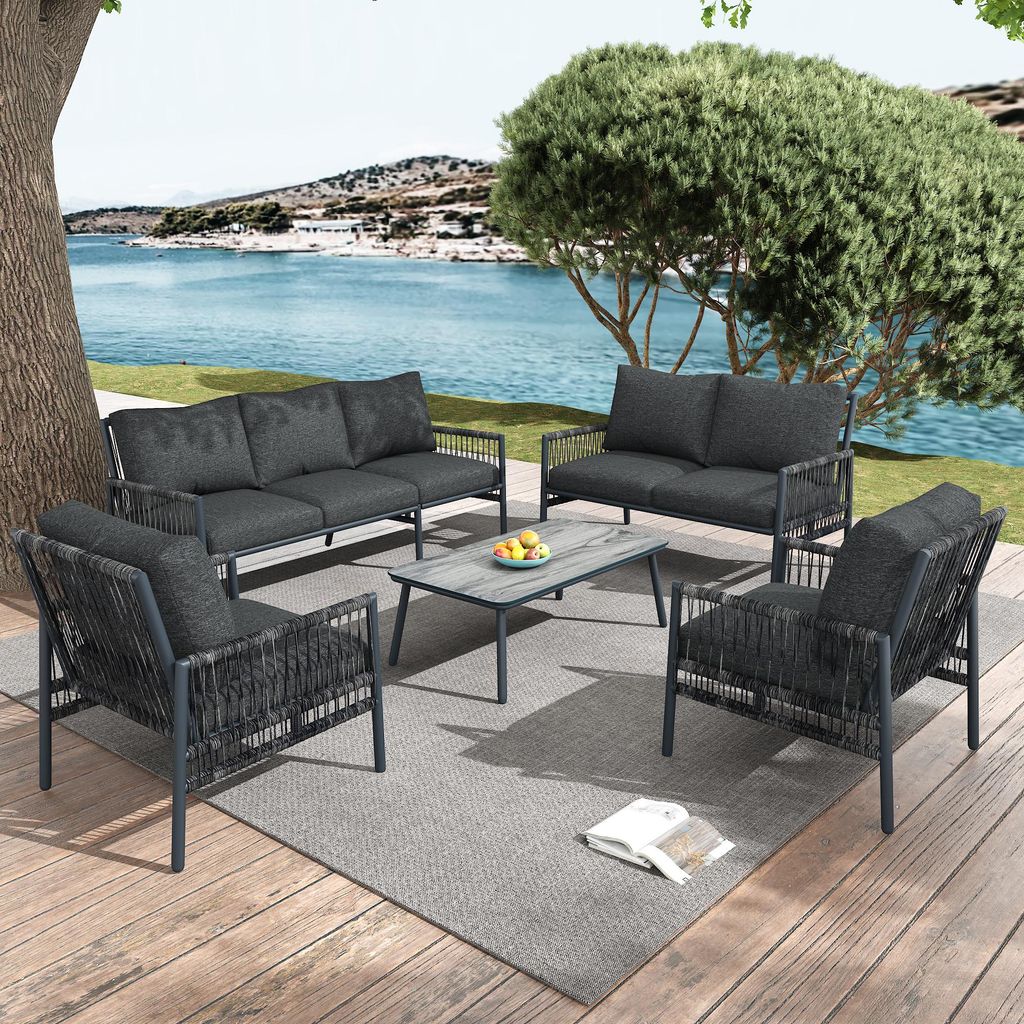Gartenlounge-Set 7-Sitzer aus PE-Rattan mit verzinktem Stahlrohr&Glastisch (Holzoptik) – Gartenmöbel-Set mit abnehmbaren, waschbaren Sitzkissen,...