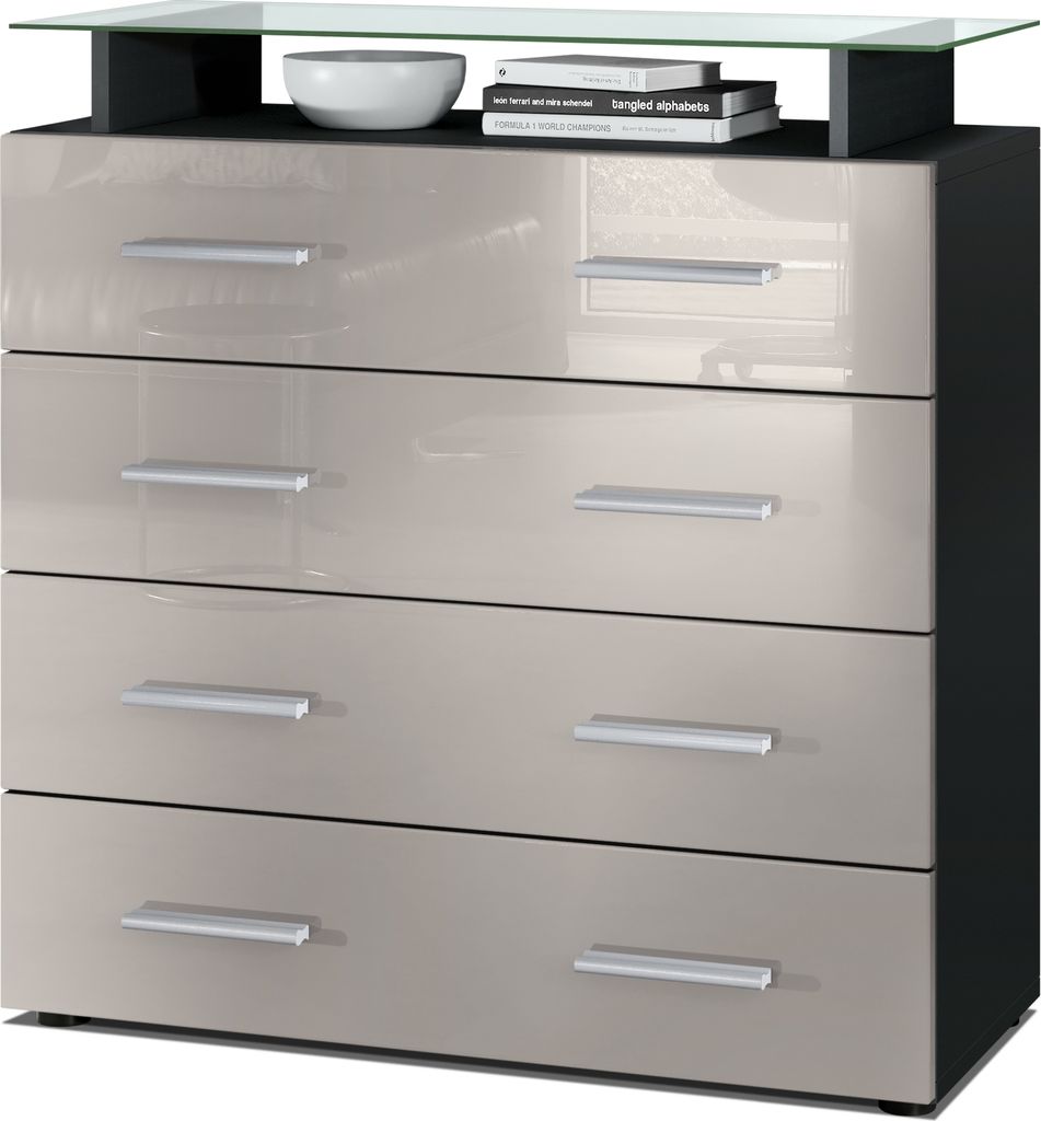 Vladon Sideboard Pavos V2, Kommode mit 4 Schubladen und Glasablage, Schwarz matt/Sandgrau Hochglanz (76 x 81 x 35 cm)