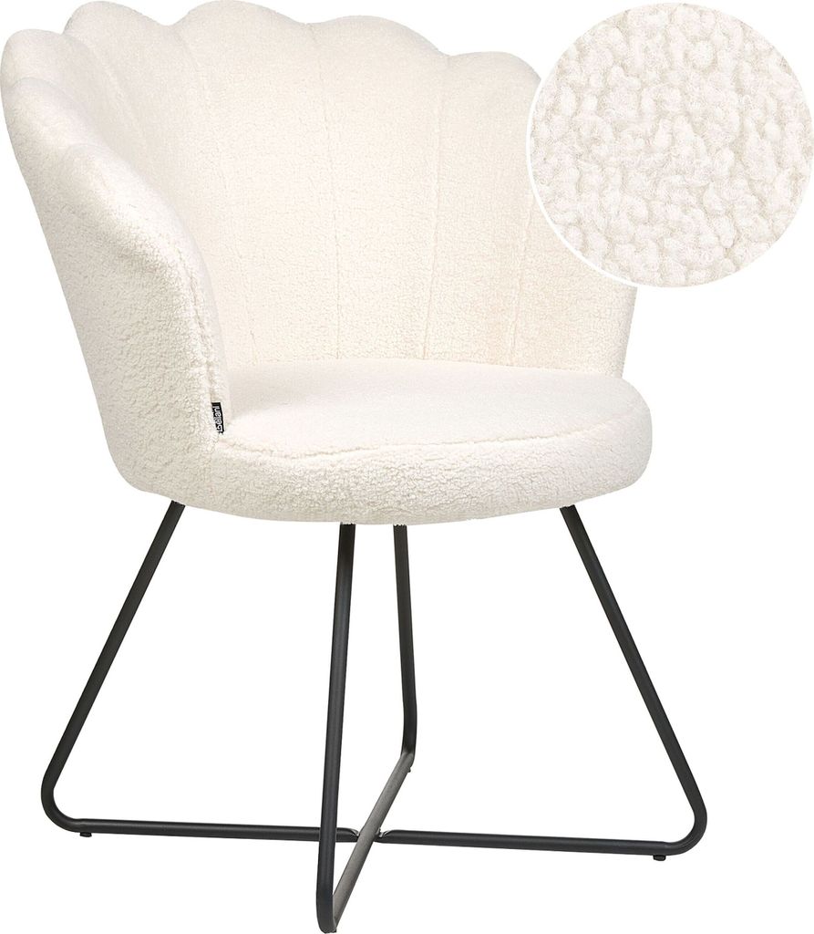 BELIANI Sessel Weiß Bouclé Rund Muschel-Design mit Schwarzem Metallgestell Retro Wohnzimmer Schlafzimmer Flur Diele Möbel Ausstattung Sitzmöbel