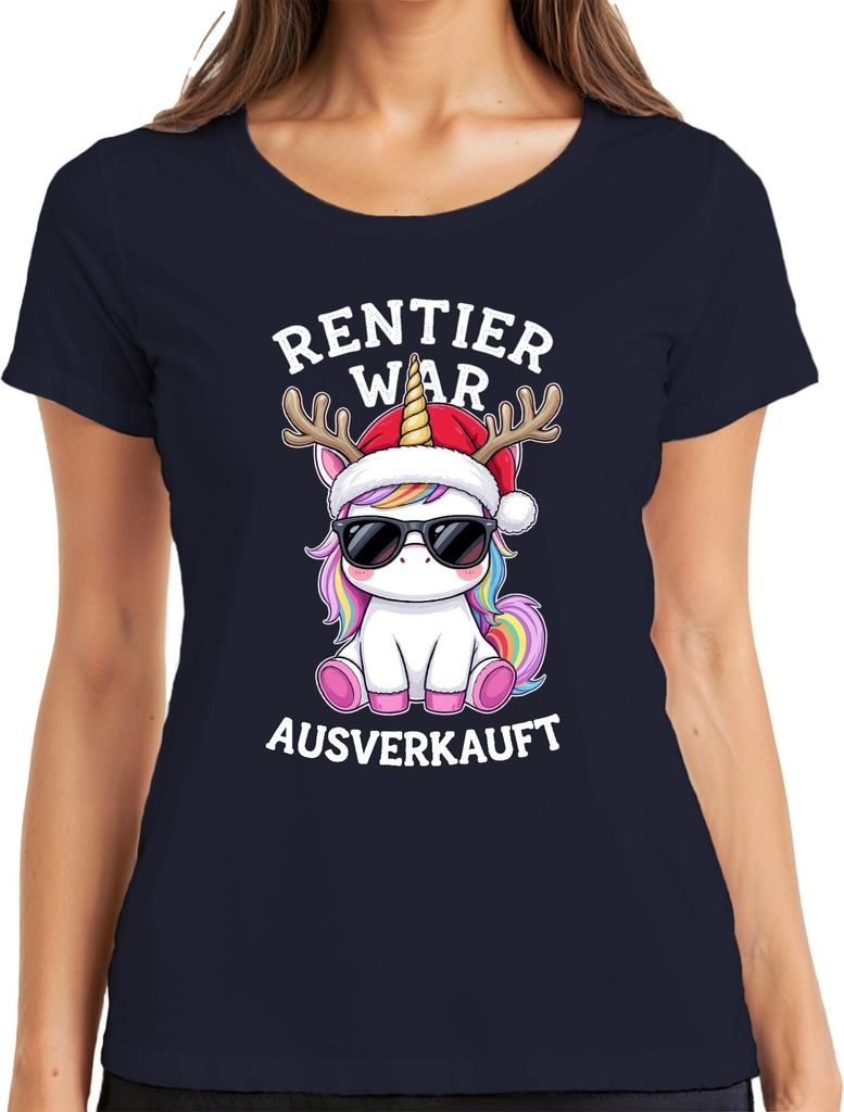 Rentier war t Einhorn Weihnachten lustig Regenbogen Damen T-Shirt, Navy, L