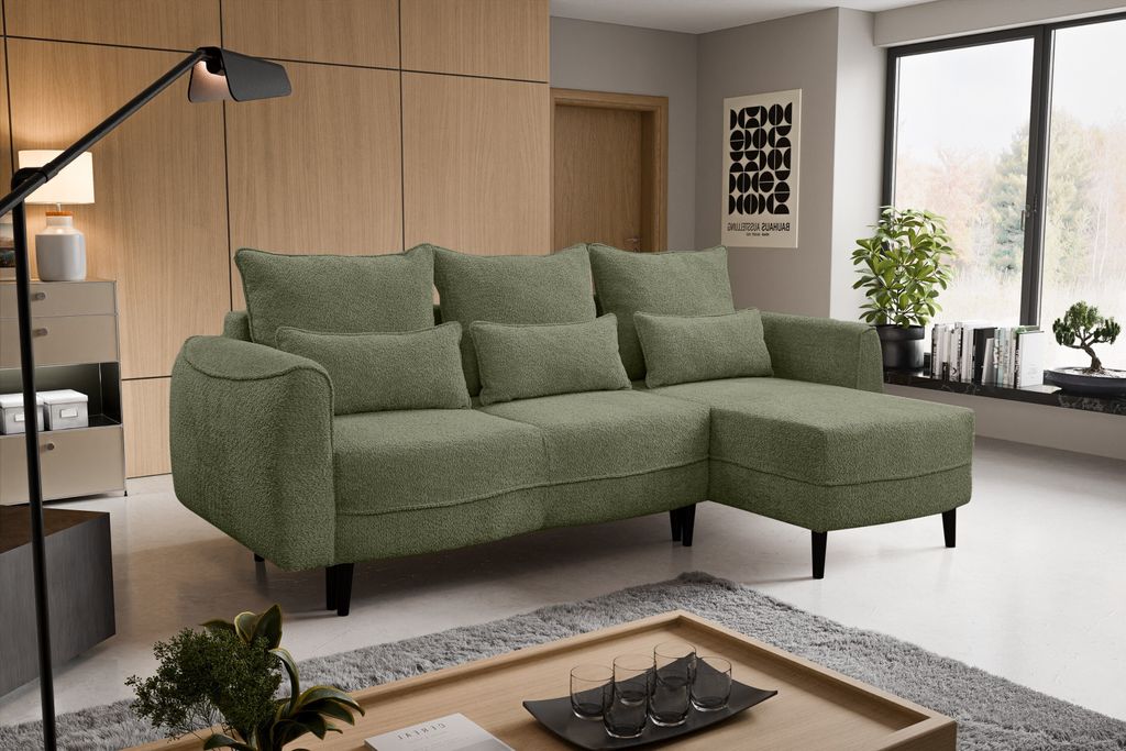 Kaiser Möbel Ecksofa Selio mit Schlaffunktion und Bettzeugcontainer Olive Rechts