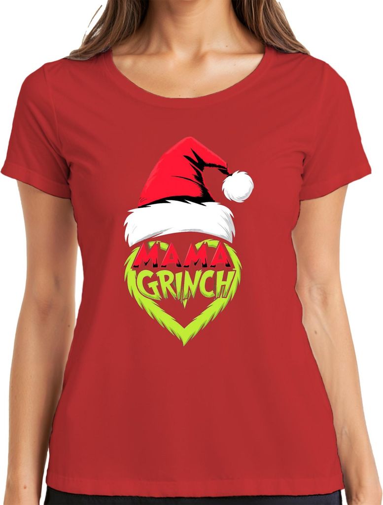 Mama Grinch Weihnachten Weihnachtsmütze Grinch Herz Lustig Mutter Damen T-Shirt, Rot, S