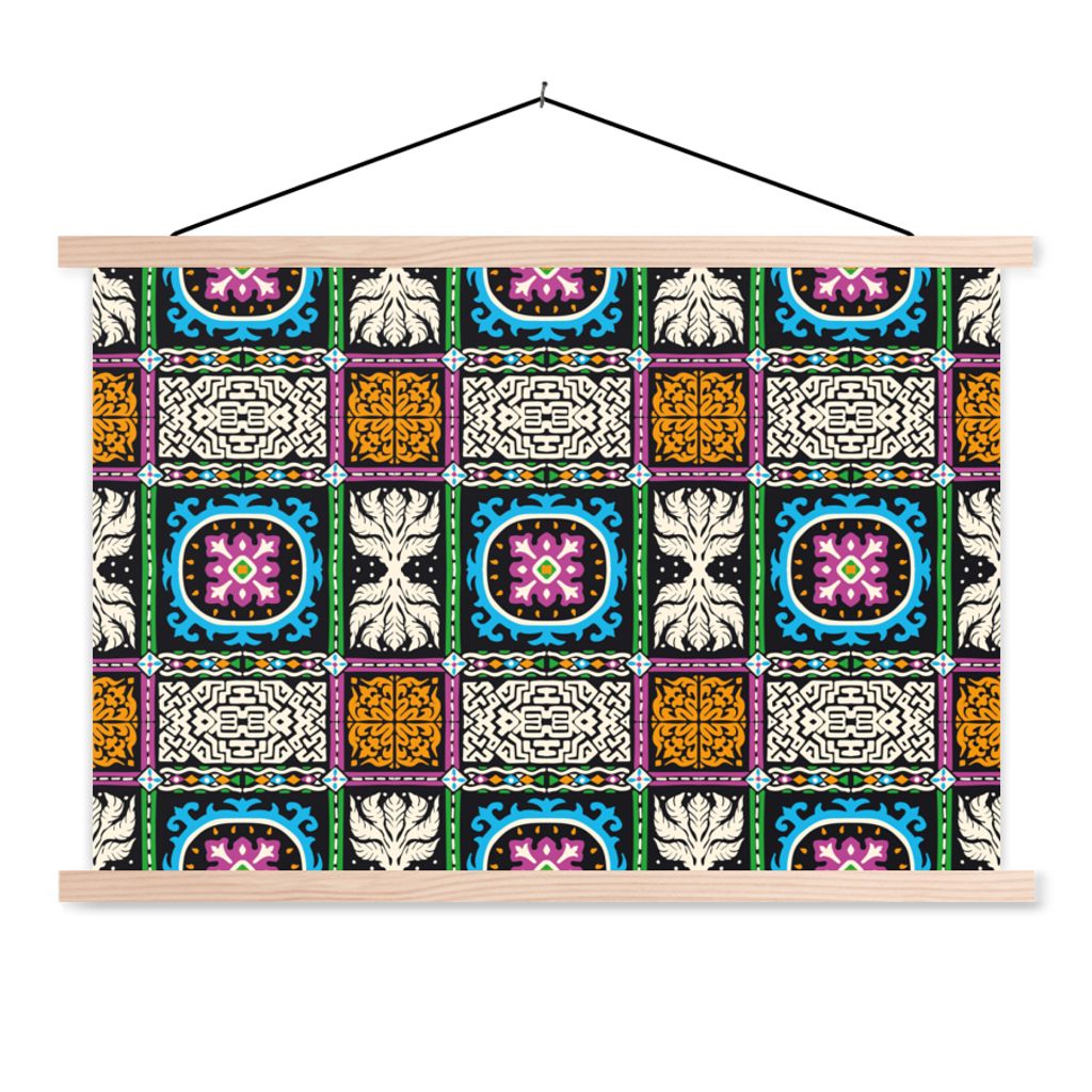 MuchoWow Textilposter Muster - Ornament - Abstrakt - Blau - Rosa 120x80 cm mit holzfarbenen Rahmen - Aufhängeset