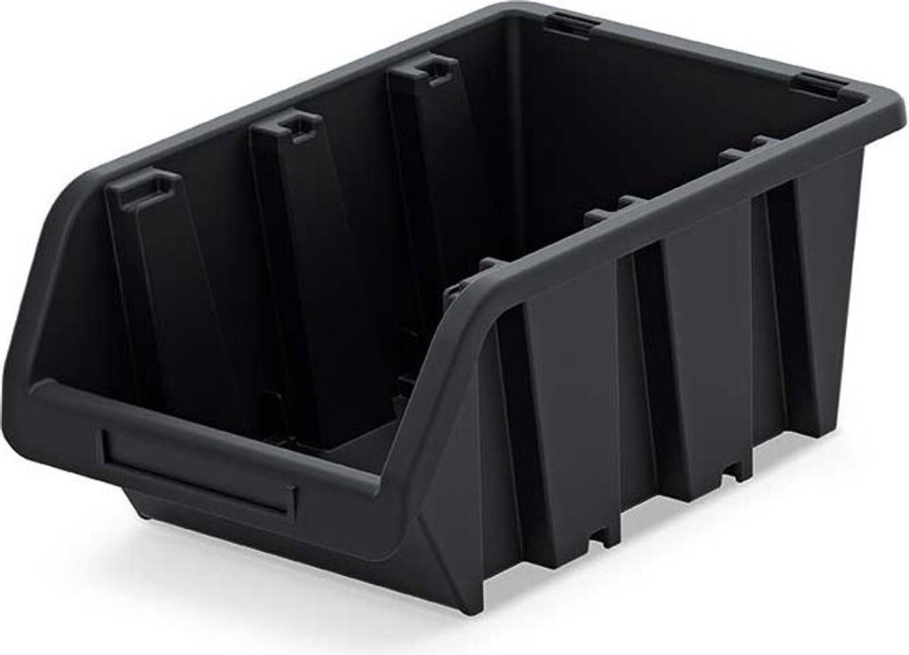 A black plastic storage bin is shown from a slightly elevated side angle against a white background.