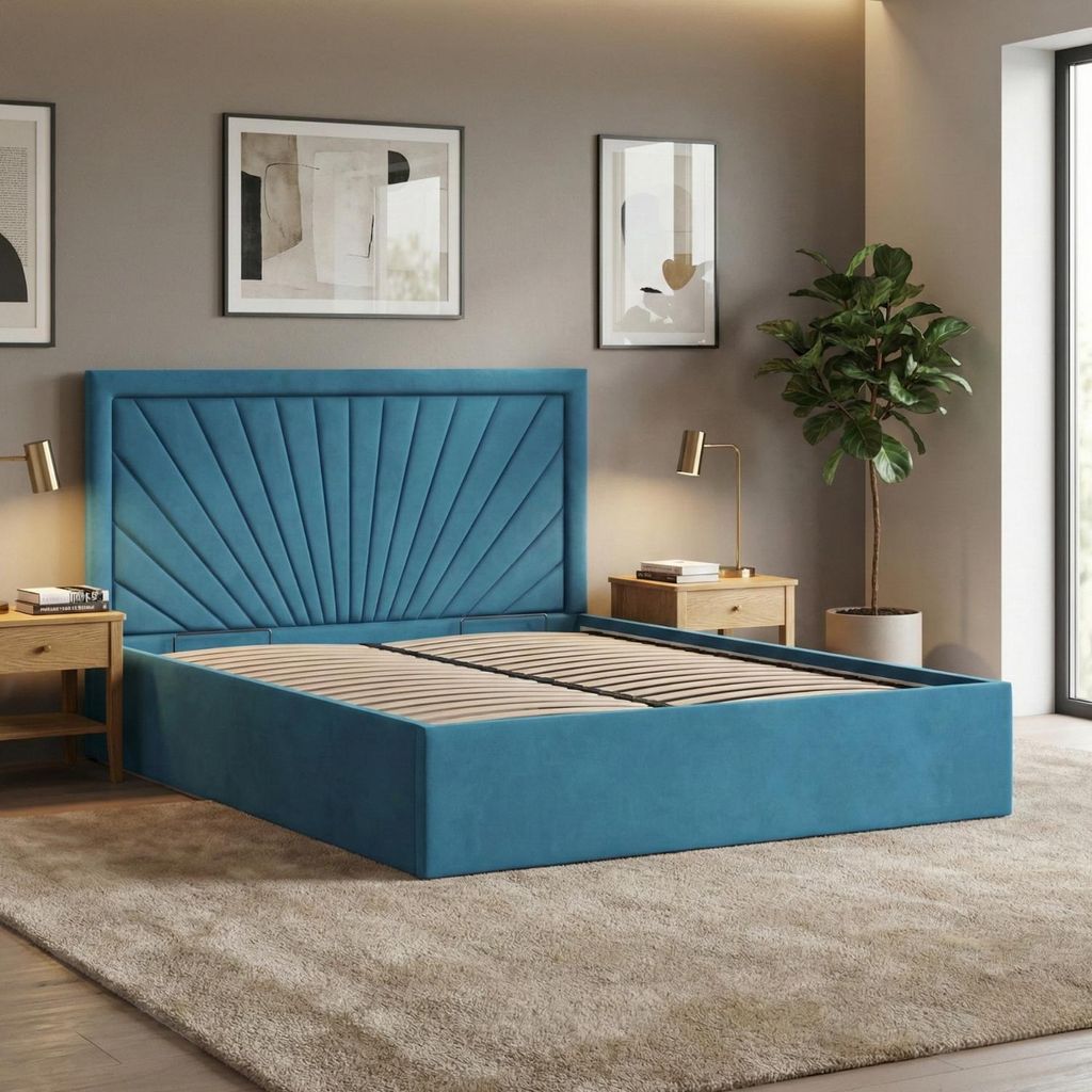 Polsterbett VASTO 160x200 mit Holzlattenrost, Doppelbett ohne Bettkasten, stabiles Bettgestell Blau Samt
