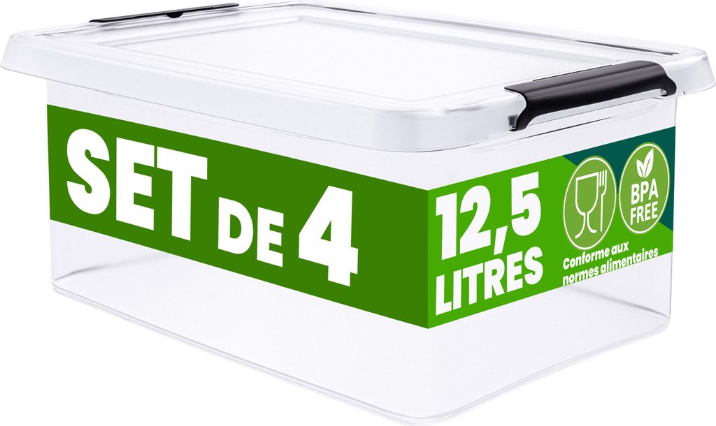 DEUBA® 4x Boîte de rangement 12,5L en plastique transparent Image du produit 
