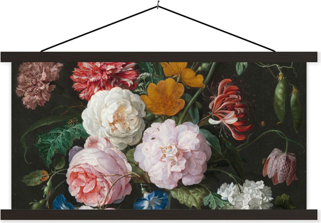 MuchoWow Textilposter Stilleben mit Blumen in einer Glasvase - Gemälde von Jan Davidsz. de Heem 120x60 cm mit schwarzem Rahmen - Dekoration Schl...