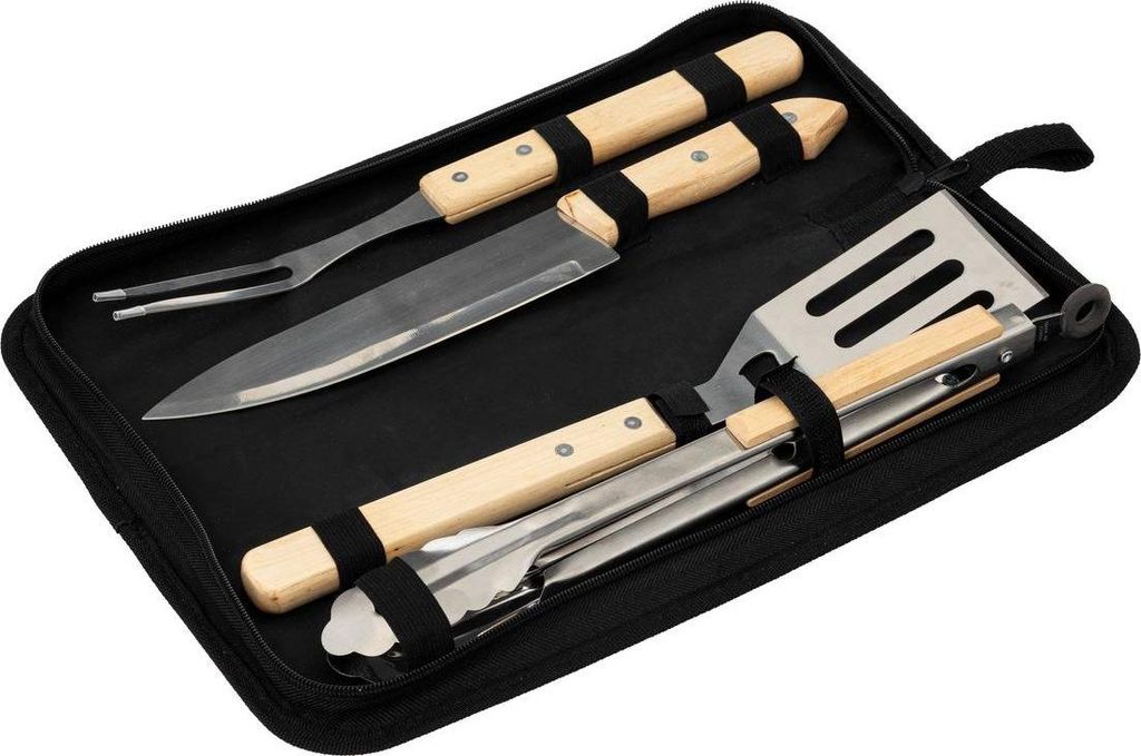 Grillbesteck aus Holz und Leinenkoffer Produktbild 