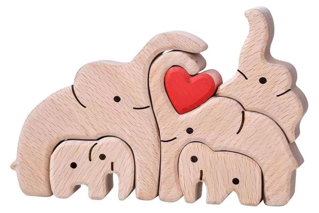 Elefantenfamilien-Puzzle aus Holz, Herz-Motiv, Mutter, Vater, Baby-Elefant, Tischdekoration für Zuhause, Büro oder Schreibtisch