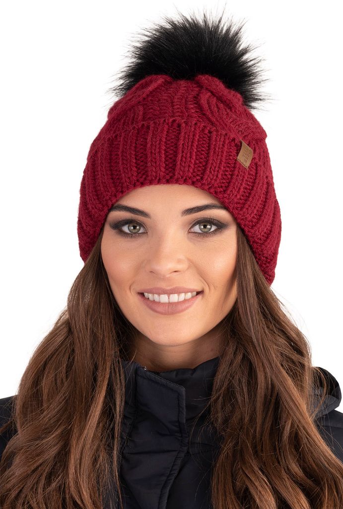 Vivisence Strickmütze Damen - Bommelmütze Damenmütze Kopfbedeckung Winter Herbst - Mütze mit bommel Warme wintermütze Dick Gemütlich - Weinrot