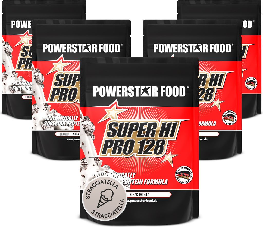 Powerstar SUPER HI PRO 128 | Mehrkomponenten Protein-Pulver 5x1kg | Höchste Biologische Wertigkeit | Protein-Shake zum Muskelaufbau | Stracciatella