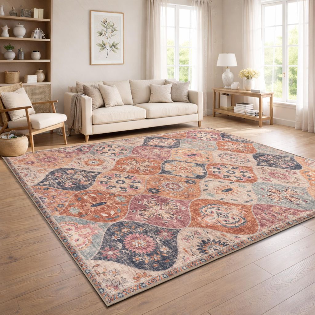 Vintage Boho moderner Wohnzimmerteppich Kurzflor waschbar rutschfest Bunt Grösse 80x150 cm