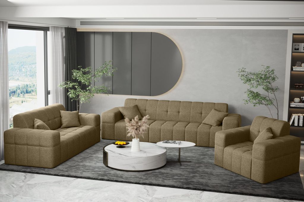 Kaiser Möbel Sofagarnitur 3+2+1 Couchgarnitur serie NIMES stilvol viele farben Stoff VERITA Hellbraun