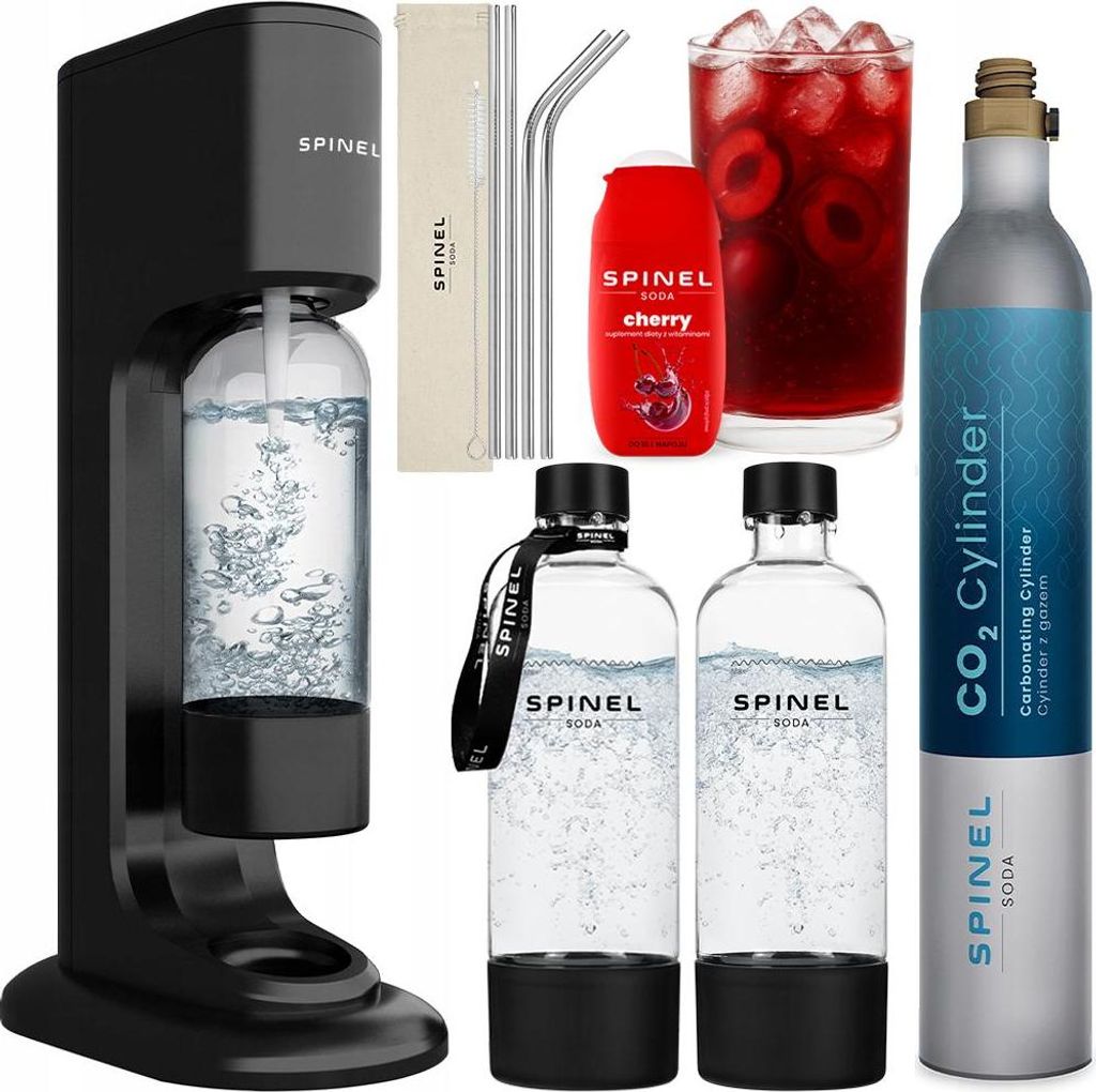 SpinelSoda BubbleON Wassersprudler + SpinelSoda Metallstrohhalme, 4 Stück + Spinel Soda with Vitamins Cherry Sirup 65ml + Spinel Flaschenband