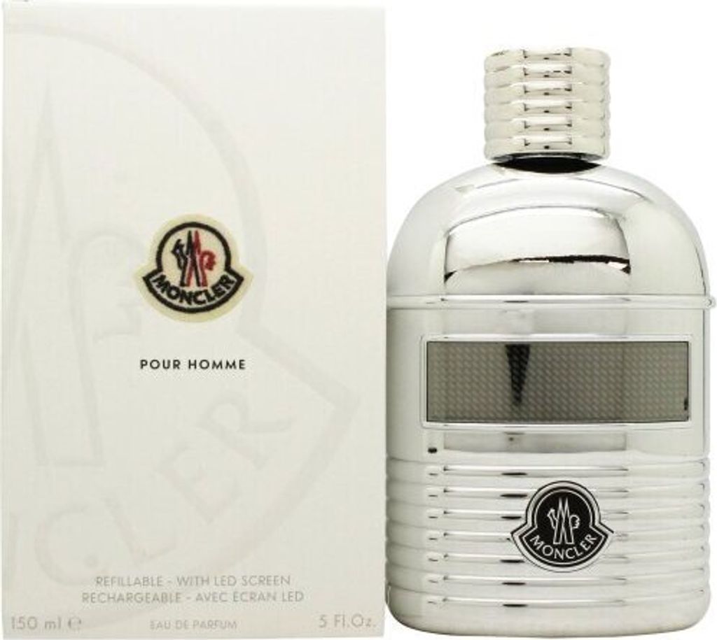 A Moncler Pour Homme Eau de Parfum bottle and its packaging are displayed against a white background.