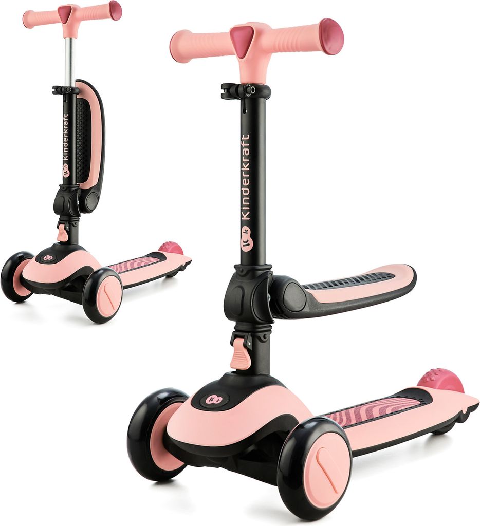 A pink and black Kinderkraft HALLEY 2in1 scooter is shown against a white background. The scooter is presented in two configurations: one as a scooter with a seat, and another as a scooter without a seat, in the background.