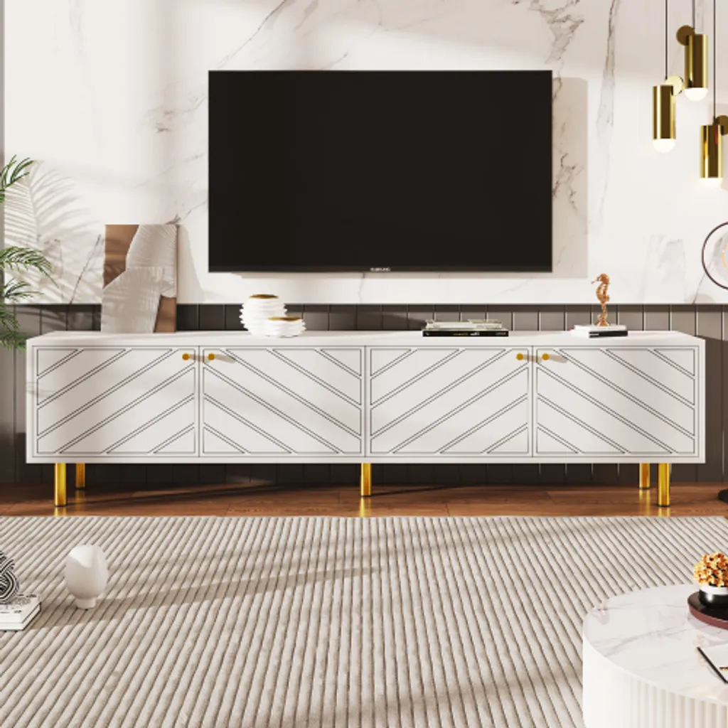 Meuble TV 170cm blanc doré : stop au désordre avec 4 grands placards