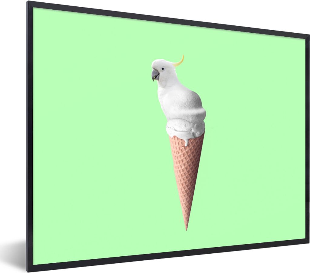 MuchoWow Gerahmtes Poster Papagei - Eistüten - Eiscreme - Weiß - Grün 40x30 cm - Poster mit Schwarzem Bilderrahmen Wandposter Rahmen Foto Bild...