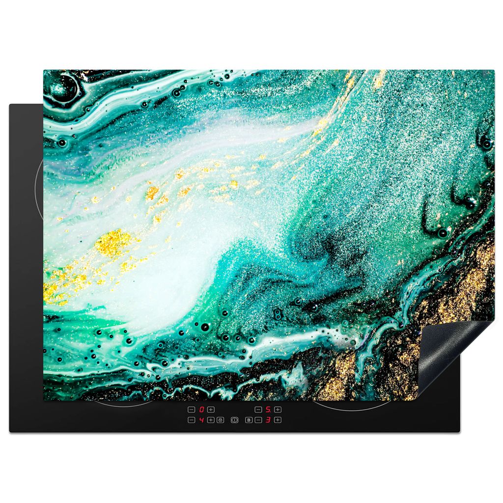 KitchenYeah Herdabdeckplatte Marmoroptik - Blau - Gold - Glitzer - Luxus - Marmor , 71x52cm, Küche Deko, Glaskeramikkochfeld Herdabdeckung, Abde...