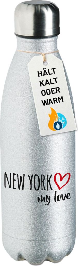Huuraa Trinkflasche New York my love 500ml Silver Edelstahl Wasserflasche Trinkflasche Geschenkidee