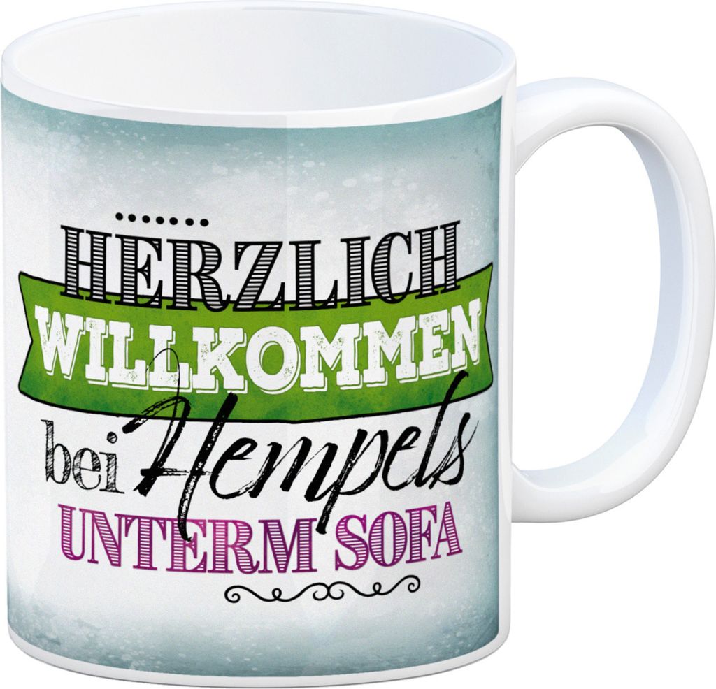 Chaos Kaffeebecher mit Redewendung & Spruch: Willkommen bei Hempels unterm Sofa