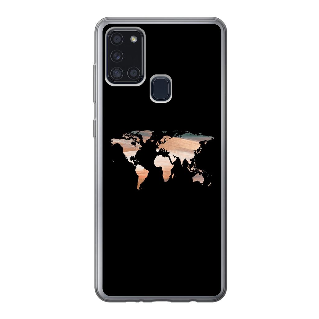 MuchoWow Handyhülle Schutzhülle Hülle für Samsung Galaxy A21s Weltkarte - Farbe - Schwarz Silikon Softcase Handy Hülle - Hartschale