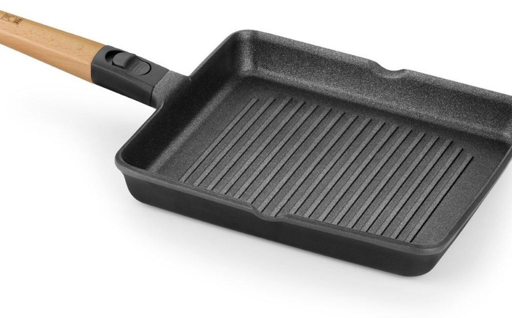 BRA Market | Gestreifter Grill 28 cm, Aluminiumguss, abnehmbarer Naturholzgriff, dreischichtige Antihaftbeschichtung, PFOA-frei, für alle Herdarte...
