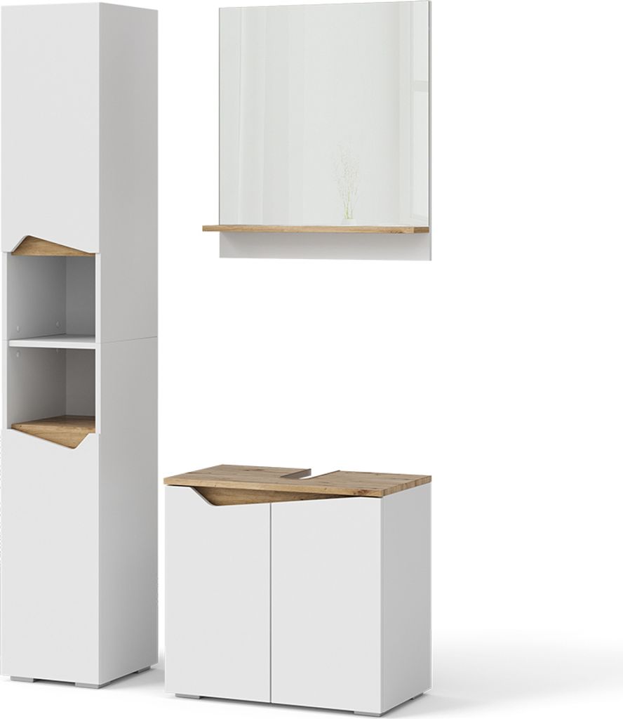 A set of bathroom furniture, including a tall cabinet, a wall-mounted shelf with a mirror, and a vanity unit, displayed against a white background.