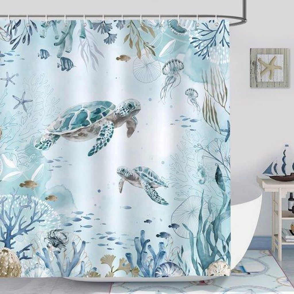 Unyqoos Wasserdichter Duschvorhang mit Meeresschildkröten-Design und 12 Haken fürs Badezimmer
