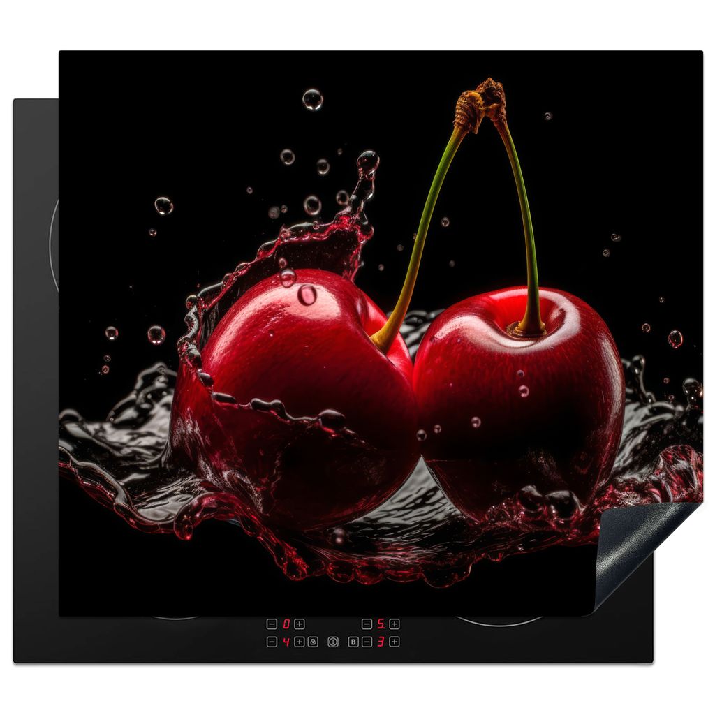 KitchenYeah Herdabdeckplatte Kirsche - Rot - Frucht - Wasser - Schwarz , 59x52cm, Küche Deko, Glaskeramikkochfeld Herdabdeckung, Abdeckplatte f...