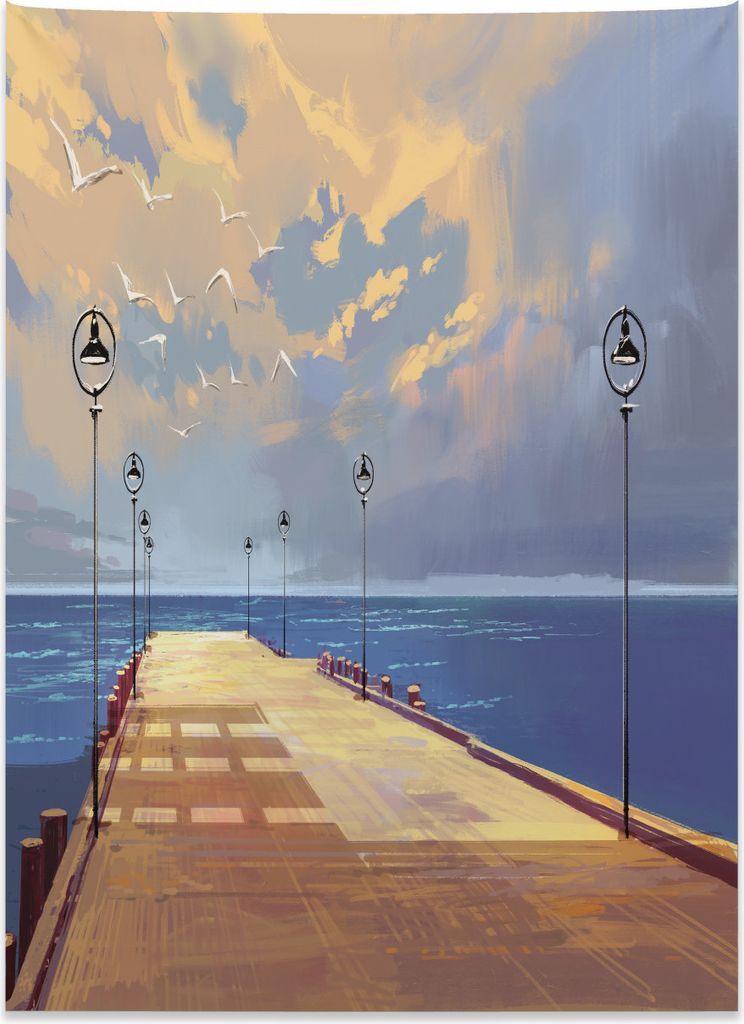 Abakuhaus Hölzern Wandteppich, Brücken-Pier-Seehafen aus Weiches Mikrofaser Stoff Kein Verblassen Klare Farben Waschbar, 110 x 150 cm, Creme Blau