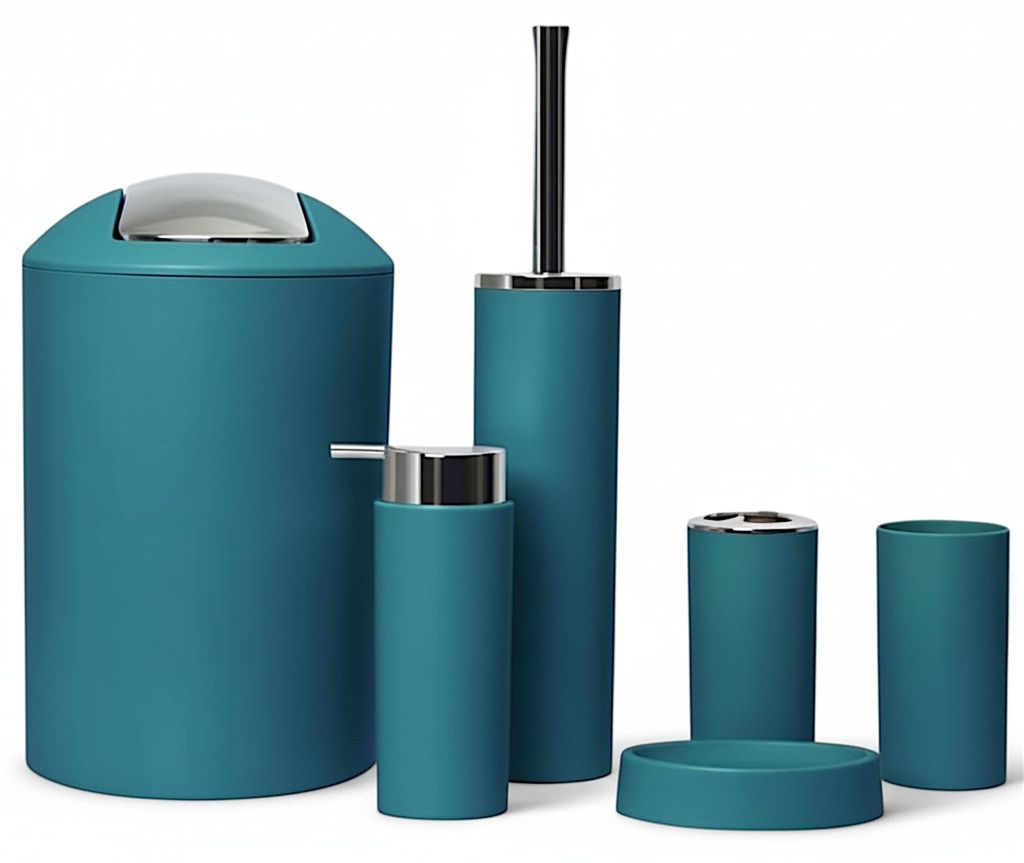 6tlg Badset Badezimmer Zubehör Set: (Dunkel Türkis Design Produktbild 
