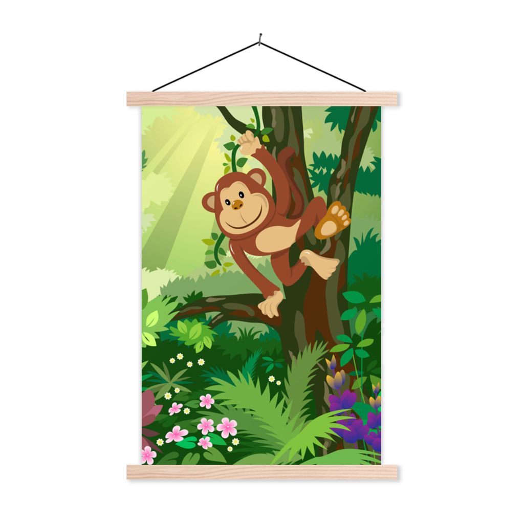 MuchoWow Textilposter Affe - Dschungel - Jungen - Mädchen - Blumen - Kinder 40x60 cm mit holzfarbenen Rahmen - Poster