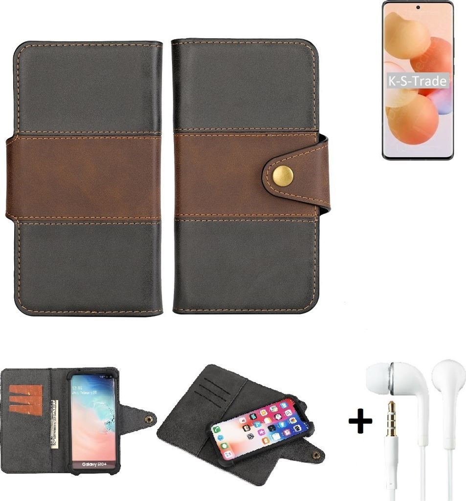 K-S-Trade Handyhülle Schutzhülle Bookstyle Wallet-Case kompatibel mit Xiaomi Civi + earphones Bumper rundumschutz schwarz-braun 1x