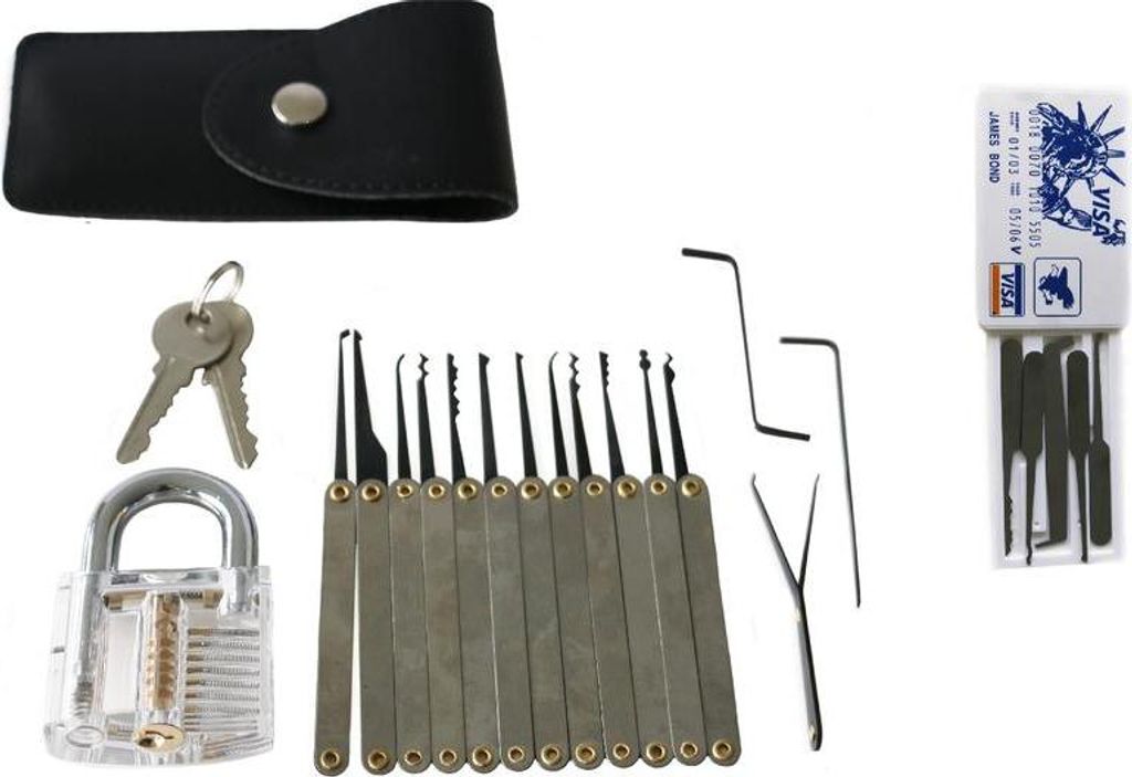 Mobilly Lockpick 20in1 Zangenset mit transparentem Trainingsschloss und Zangenkarte