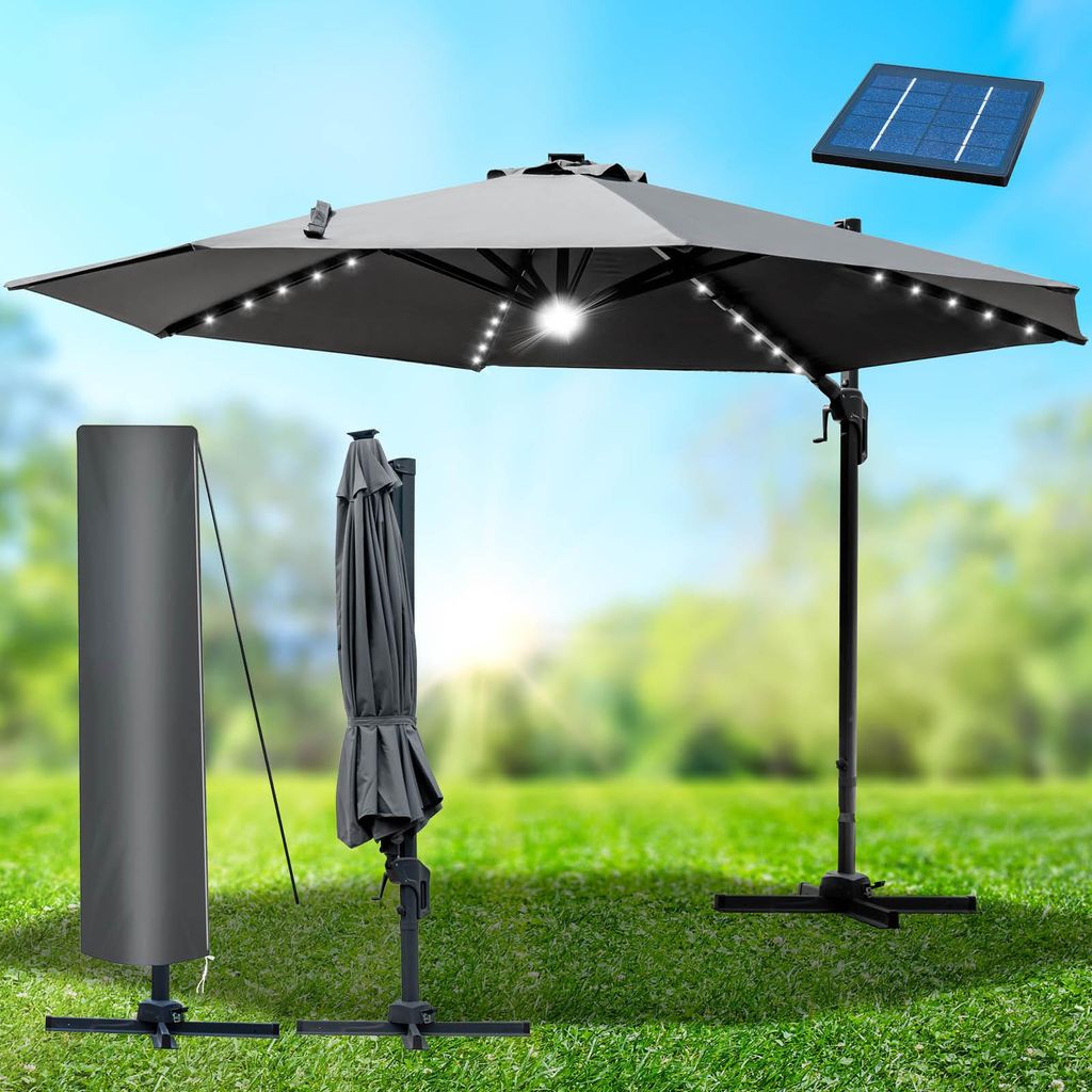 Alu Ampelschirm 300cm grau mit LED-Beleuchtung Produktbild 