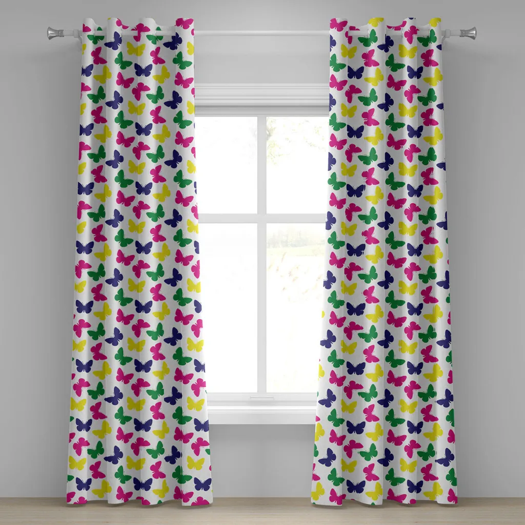 ABAKUHAUS Tenda moderna con occhielli, grafica romantica per bambini con farfalle colorate arcobaleno, tende decorative a 2 pannelli per finestre, 280 cm x 225 cm, blu scuro e giallo