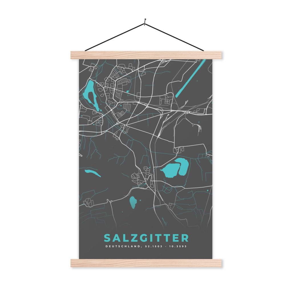 MuchoWow Textilposter Stadtplan - Karte - Salzgitter - Blau - Deutschland - Karte 40x60 cm mit holzfarbenen Rahmen - Poster