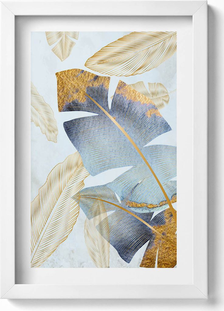 Glamour-Bananenblätter mit Gold– Wandbild mit Rahmen – Gerahmtes Bild – Wanddekoration – 20x30 cm – Weiß