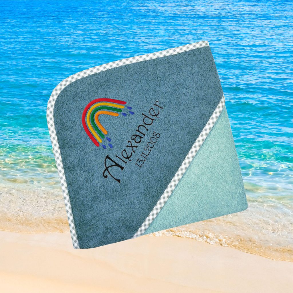 Kapuzenhandtuch für Kinder unisex, mint-grün, Größe ca. 100 x 100 cm, Motiv Regenbogen Tropfen, Frottee in Baumwolle, bestickt personalisierbar...