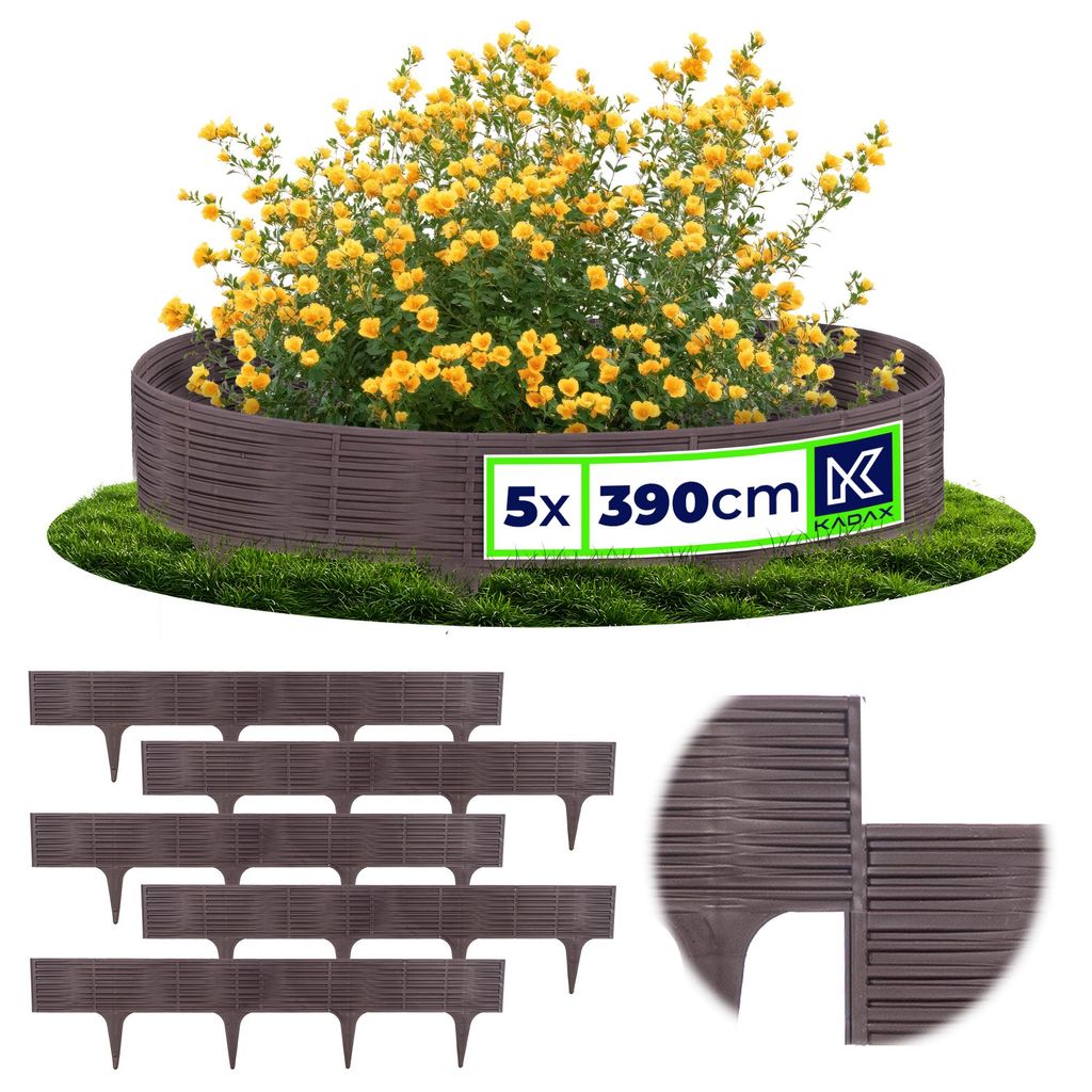 KADAX Rasenkante 78 cm, 5 Stück, Beeteinfassung in Rattanoptik, Beetumrandung aus Kunststoff, Rasenbegrenzung, Beetbegrenzung für Garten (Braun)
