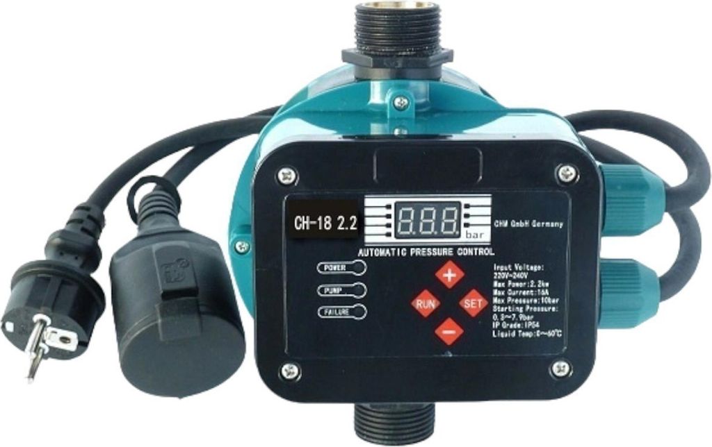 CHM GmbH Pumpensteuerung Druckschalter CH-18 (EIN- und Abschaltdruck einstellbar) mit Trockenlaufschutz für Pumpen bis 2,2 Kw