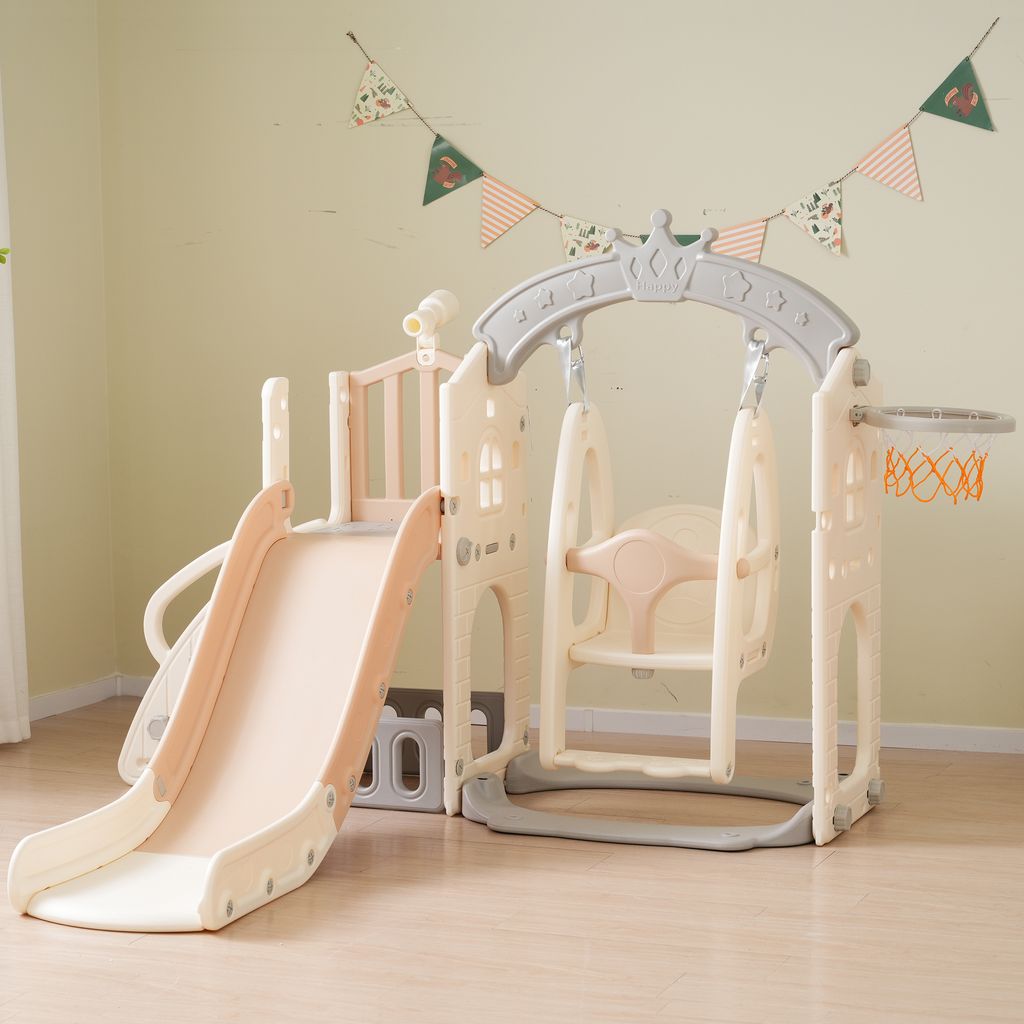 Merax 5-in-1 Kinderspielset mit Rutsche, Schaukel, Basketballkorb, Kletterspielzeug mit Trittleiter, Teleskop und Stauraum, HDPE, EN71-