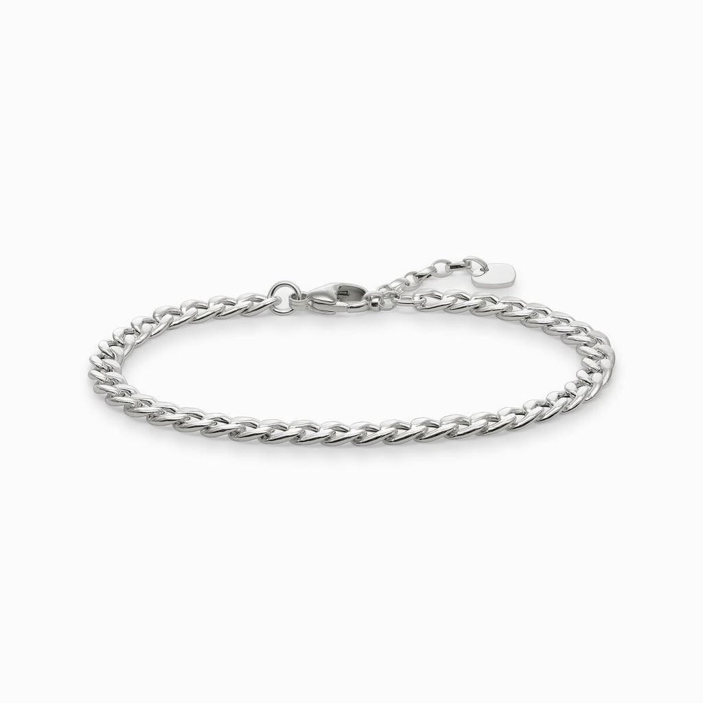 A silver bracelet on a white background.