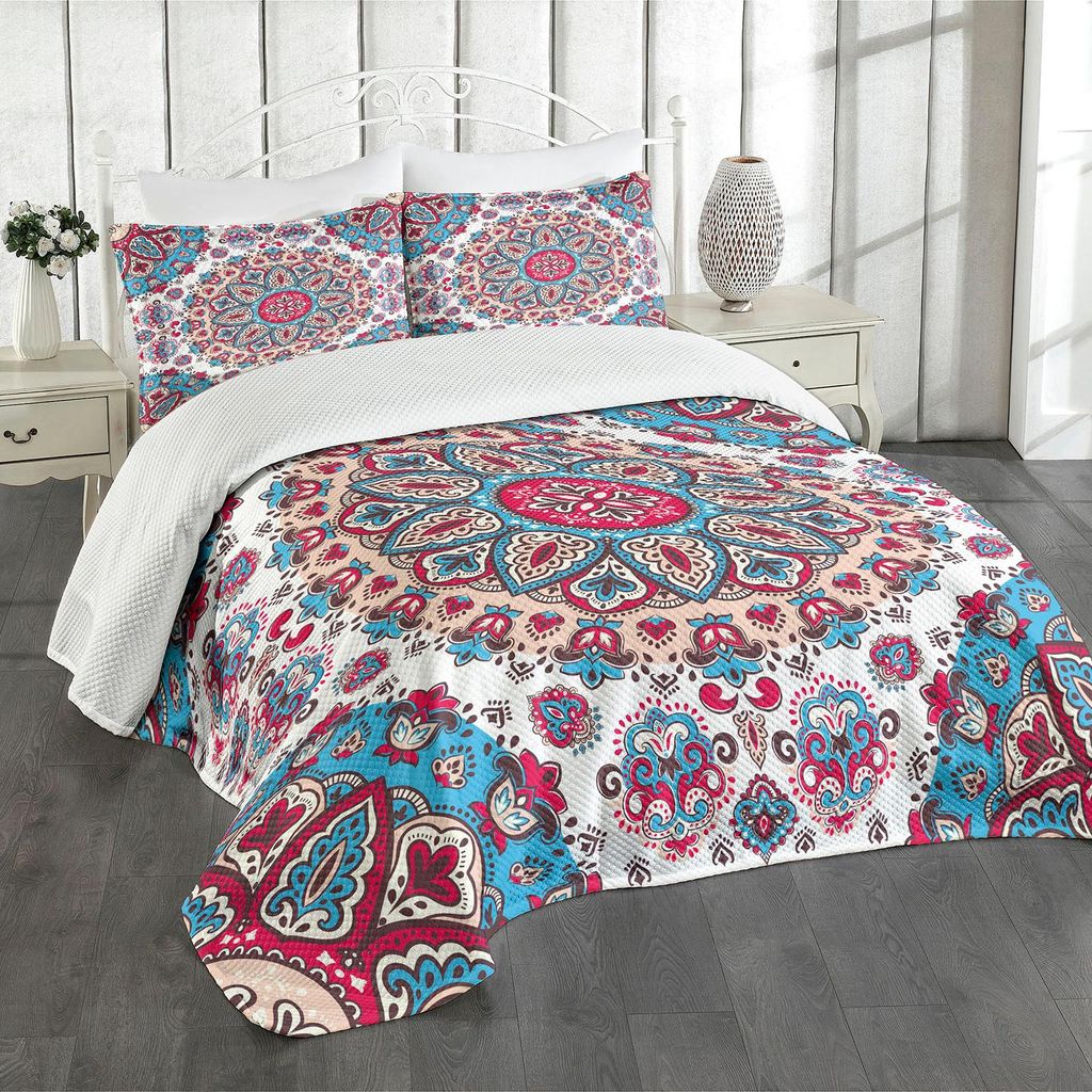 ABAKUHAUS Ethnisch Tagesdecke Set, Hennastrauch-Blumenkreis-Paisley-Retro- Kaleidoskop-Bild, 220 x 220 cm, Türkis Hellrosa