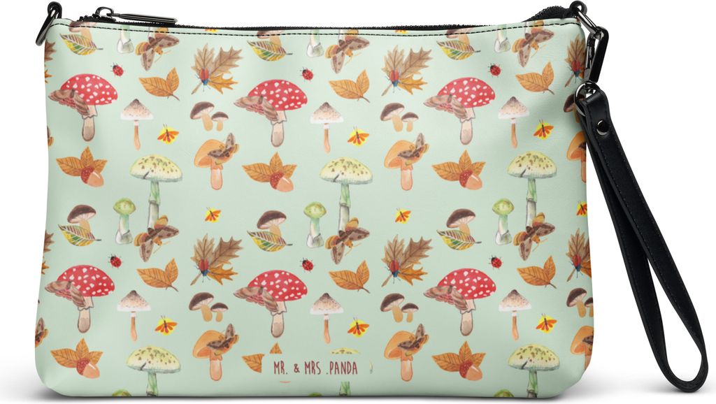 Mr. & Mrs. Panda Damentasche Herbst Pilze - Grün - Geschenk, Herbstwald, kleine tasche, Schmetterlings Muster, Wald, Pilz, Clutch, Umhängetasche,...