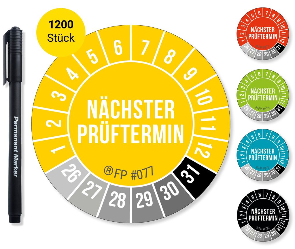 Frank Paperman – Nächster Prüftermin – 1200 Prüfplaketten 2026–2031, Ø 20 mm, Gelb, selbstklebend, UV-beständig
