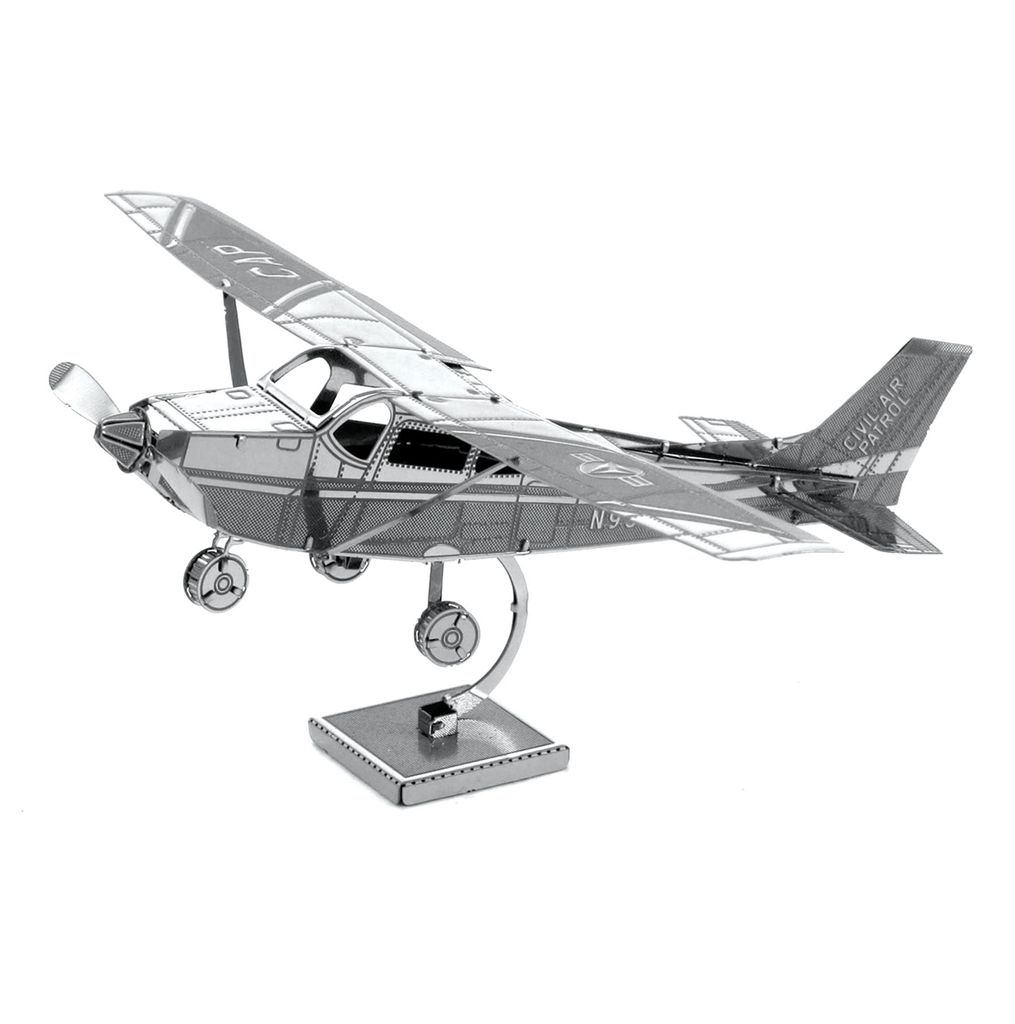 A 3D metal model of a Cessna 172 Skyhawk airplane on a display stand.