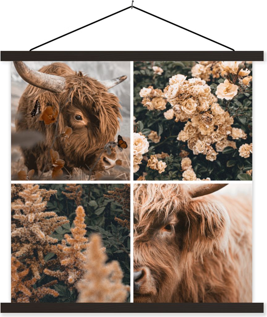 MuchoWow Textilposter Schottisches Hochlandrind - Collage - Herbst 120x120 cm mit schwarzem Rahmen - Aufhängungsset