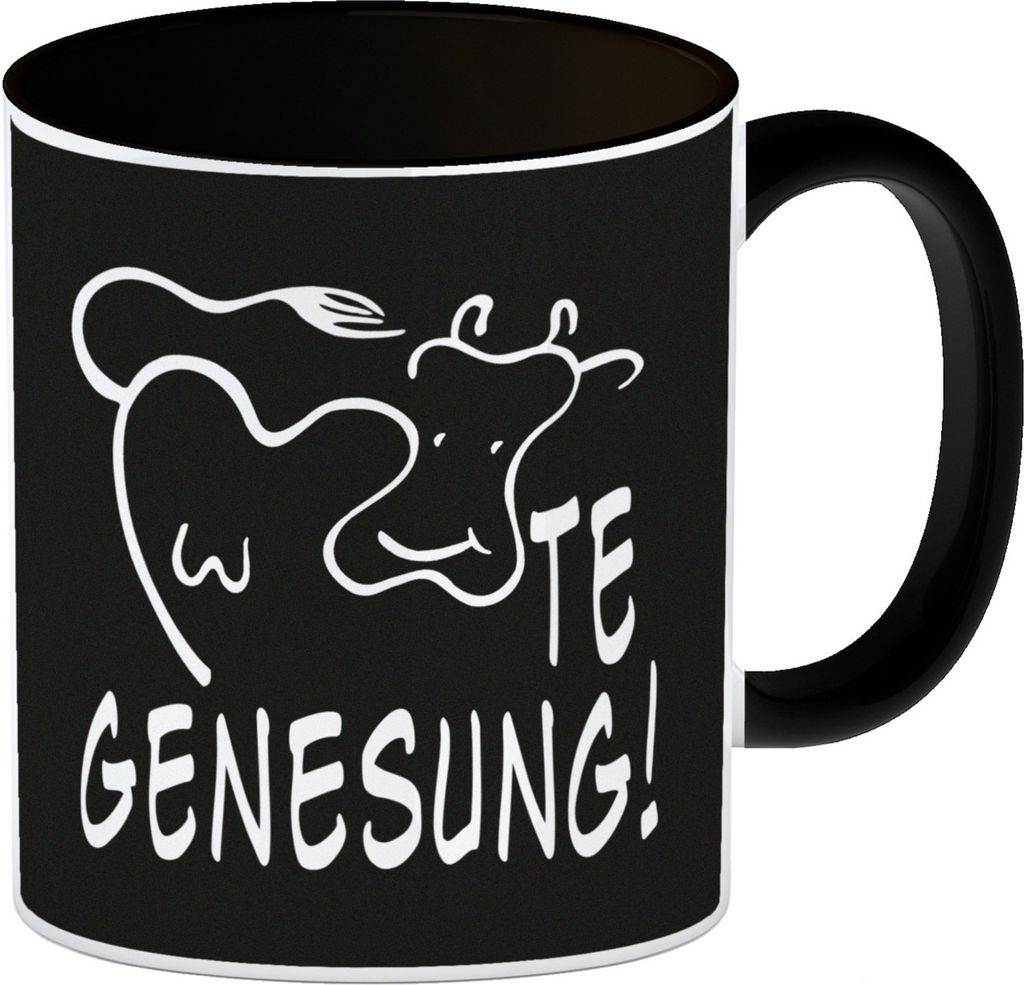 KUHte Genesung Kaffeebecher Schwarz mit Kuh Motiv in schwarz
